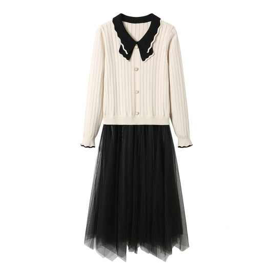 2024 spring new arrival fashion lady V-neck butterfly collar  long sleeve  Knitted patchwork mesh sweater dress