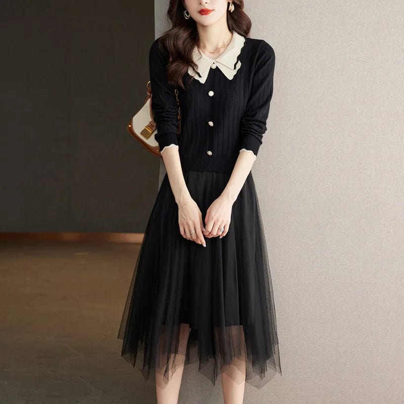 2024 spring new arrival fashion lady V-neck butterfly collar long sleeve Knitted patchwork mesh sweater dress