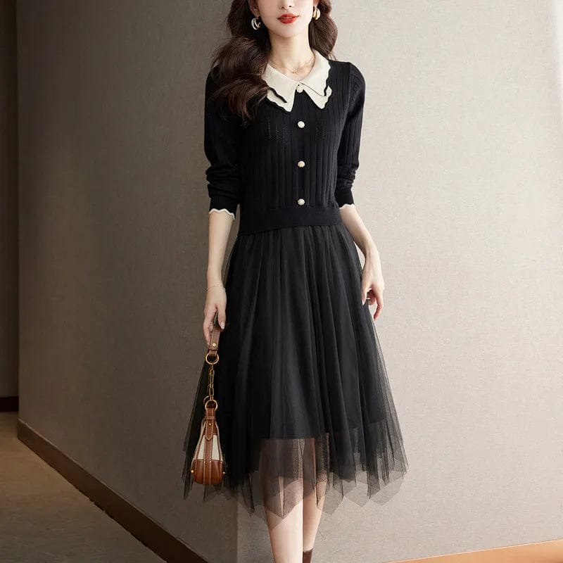 2024 spring new arrival fashion lady V-neck butterfly collar long sleeve Knitted patchwork mesh sweater dress