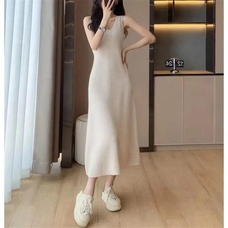 2024 Spring new arrival fashion lady V neck sleeveless long dress and U neck long sleeve oversize sweater twin set