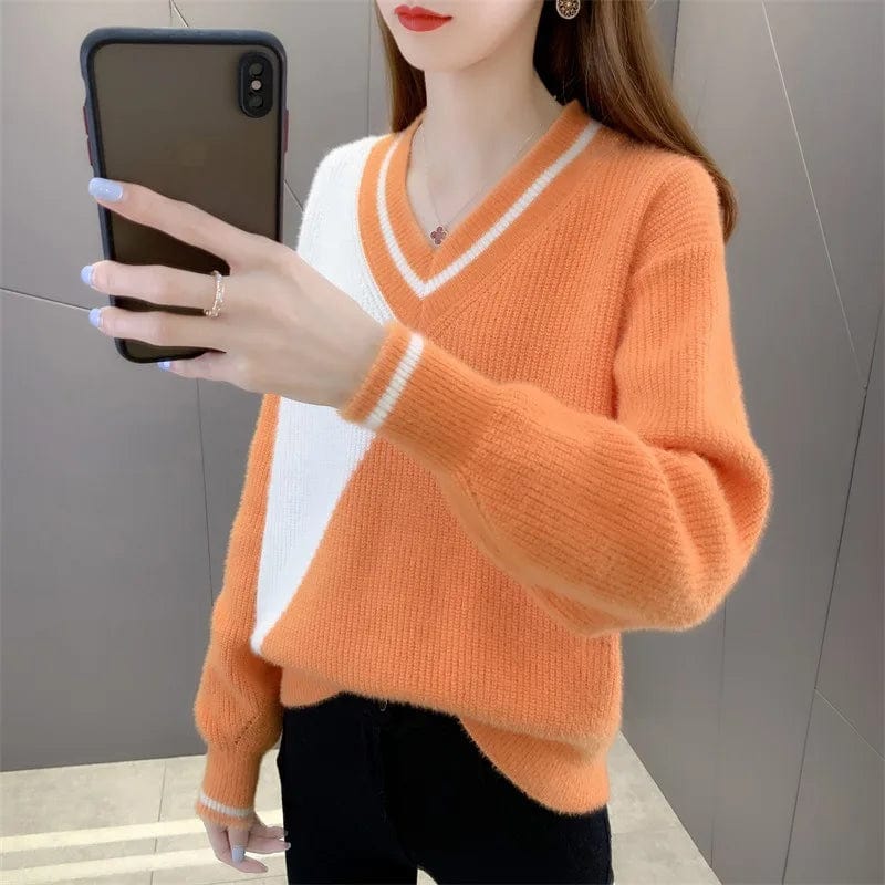 2024 spring new arrival fashion women's boutique high-quality V-neck loose long-sleeved color matching sweater