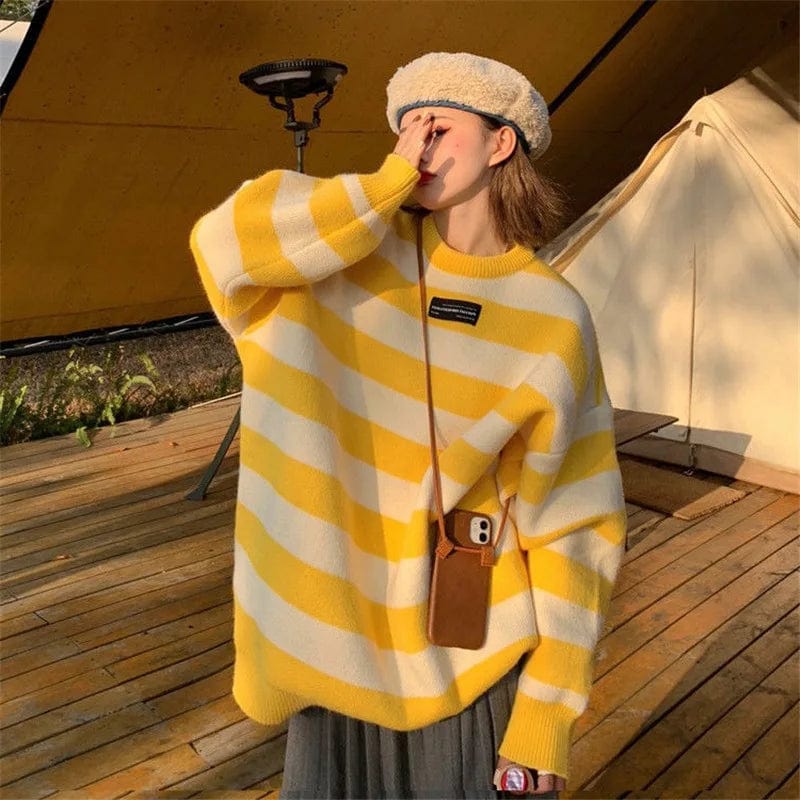 2024 Spring New arrival fashionable women Crew neck Plus size stripe loose knitwear