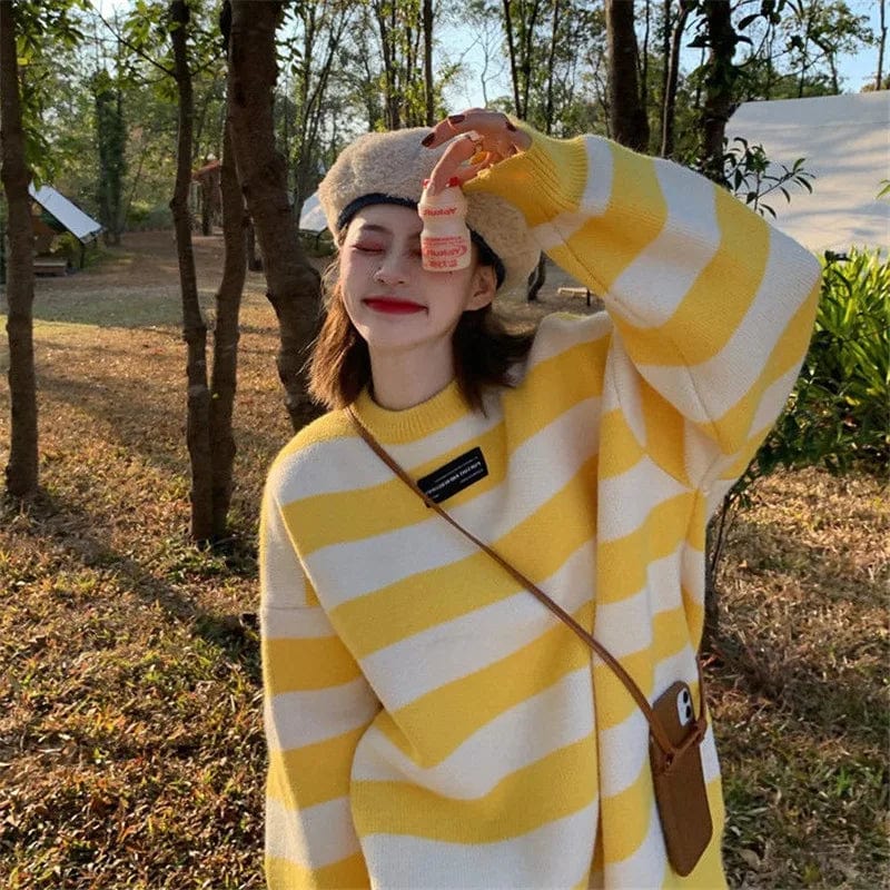 2024 Spring New arrival fashionable women Crew neck Plus size stripe loose knitwear