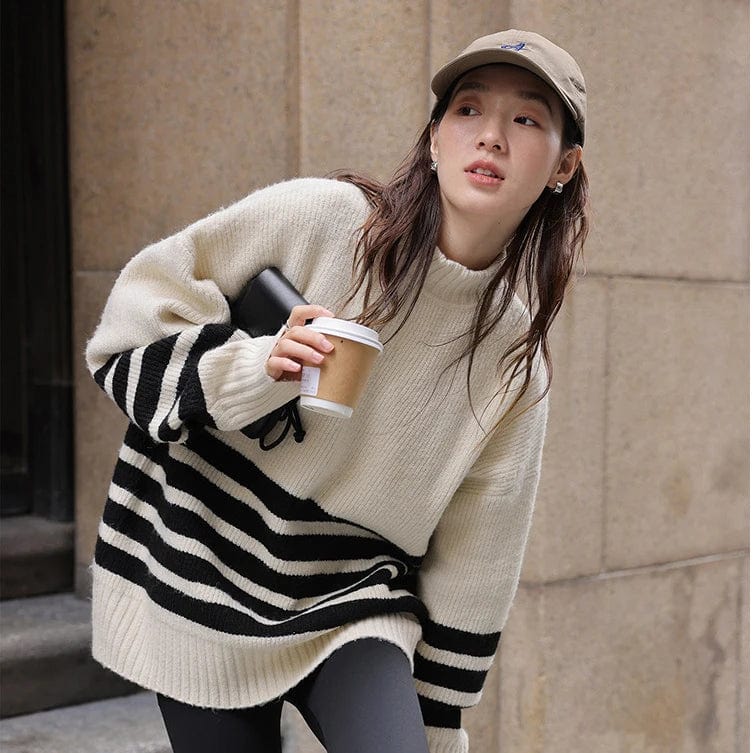 2024 Spring new arrival girls round neck long sleeve striped oversize soft pullover sweater jumper