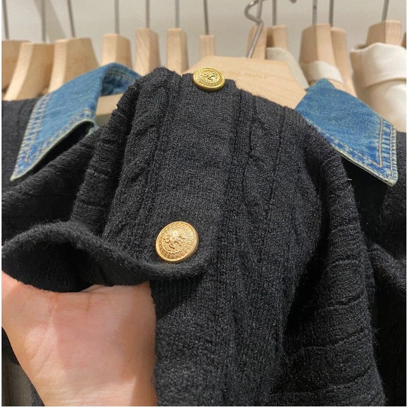2024 Spring New arrival Ladies long sleeve Denim patchwork knit lapel women sweater cardigan
