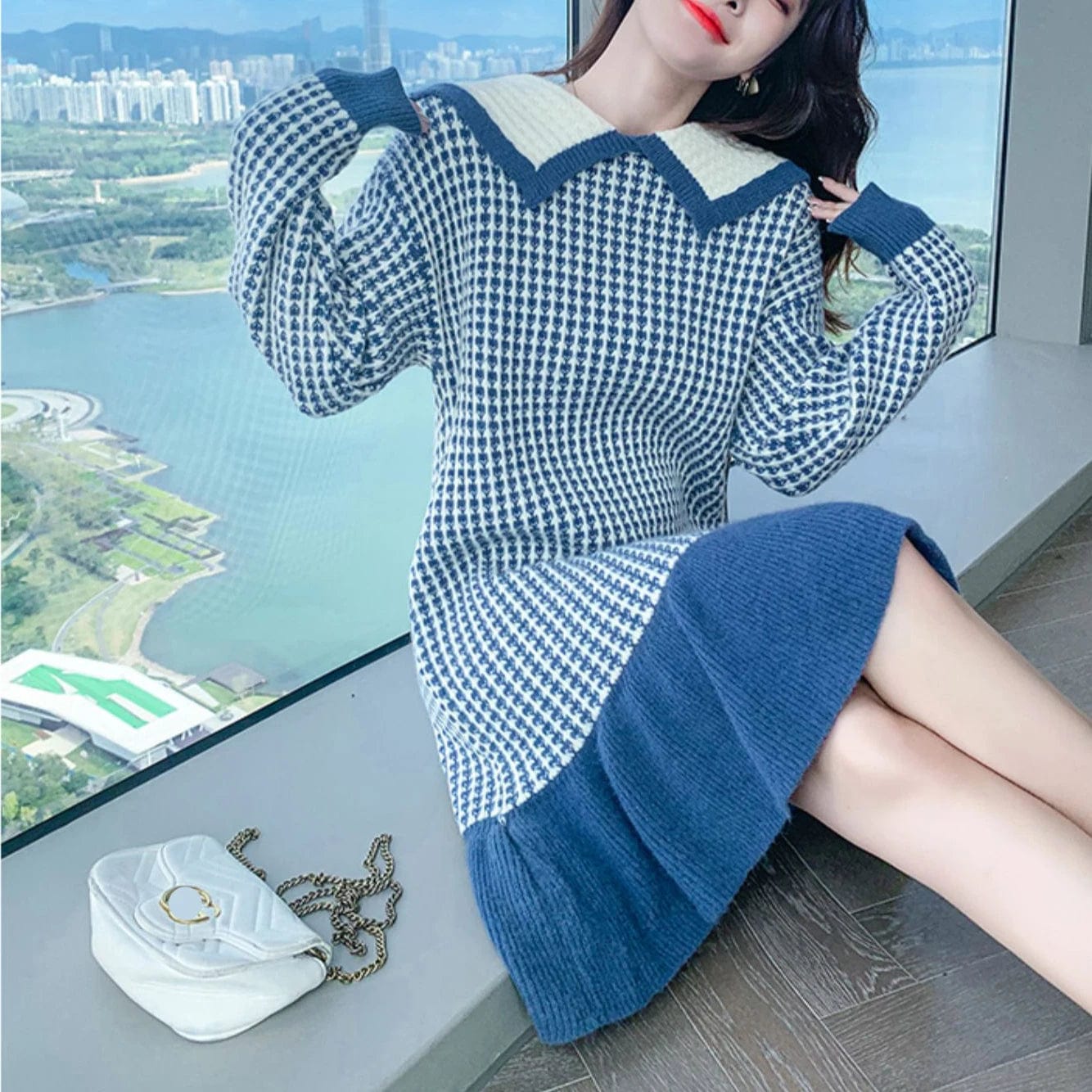 2024 Spring new arrival lady crew neck lapel long sleeve sweater dress houndstooth cable knit jacquard dress