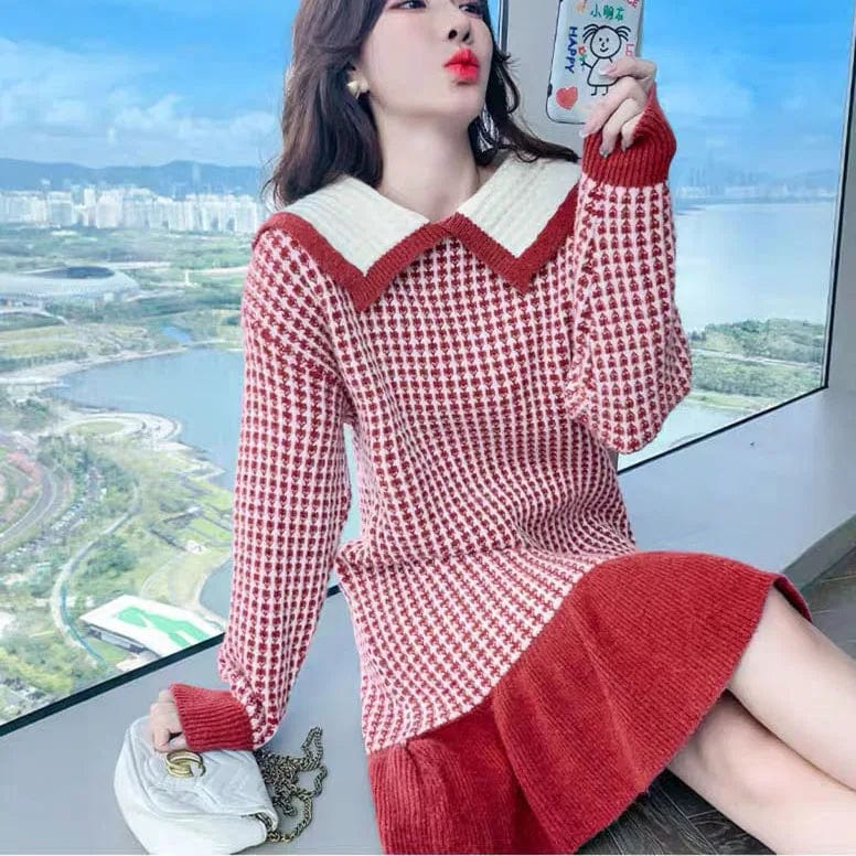 2024 Spring new arrival lady crew neck lapel long sleeve sweater dress houndstooth cable knit jacquard dress