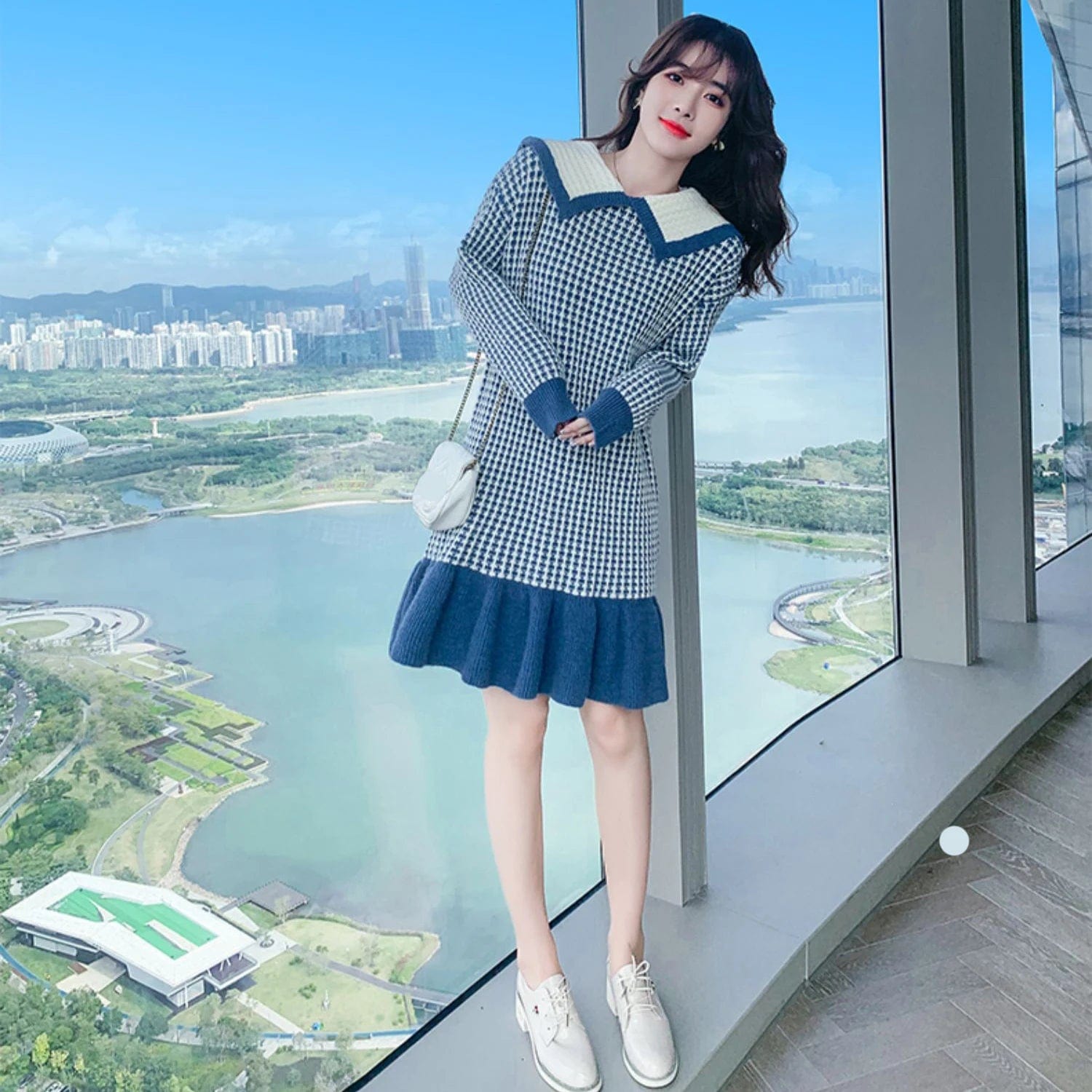 2024 Spring new arrival lady crew neck lapel long sleeve sweater dress houndstooth cable knit jacquard dress