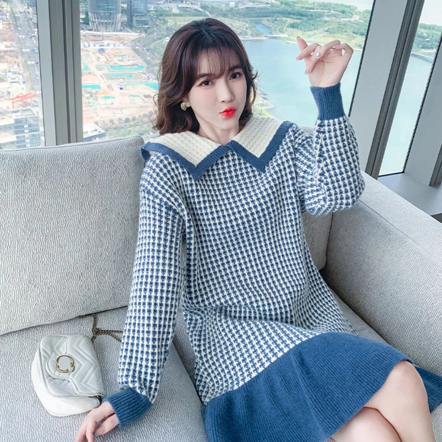 2024 Spring new arrival lady crew neck lapel long sleeve sweater dress houndstooth cable knit jacquard dress