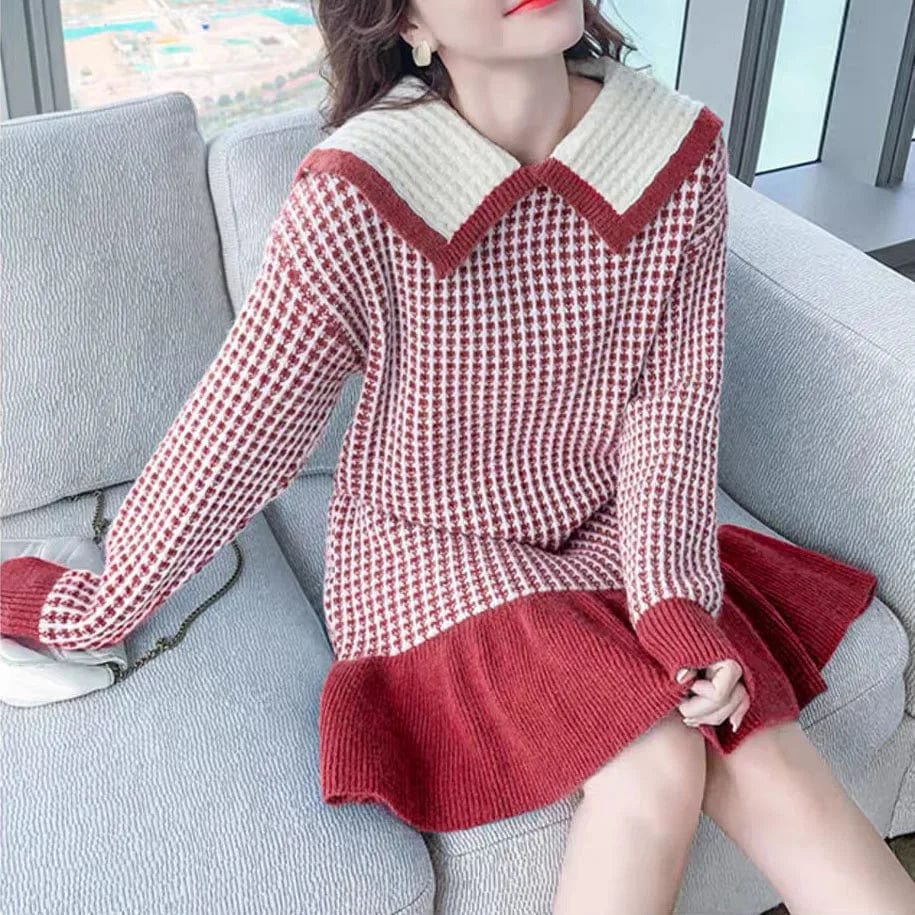 2024 Spring new arrival lady crew neck lapel long sleeve sweater dress houndstooth cable knit jacquard dress