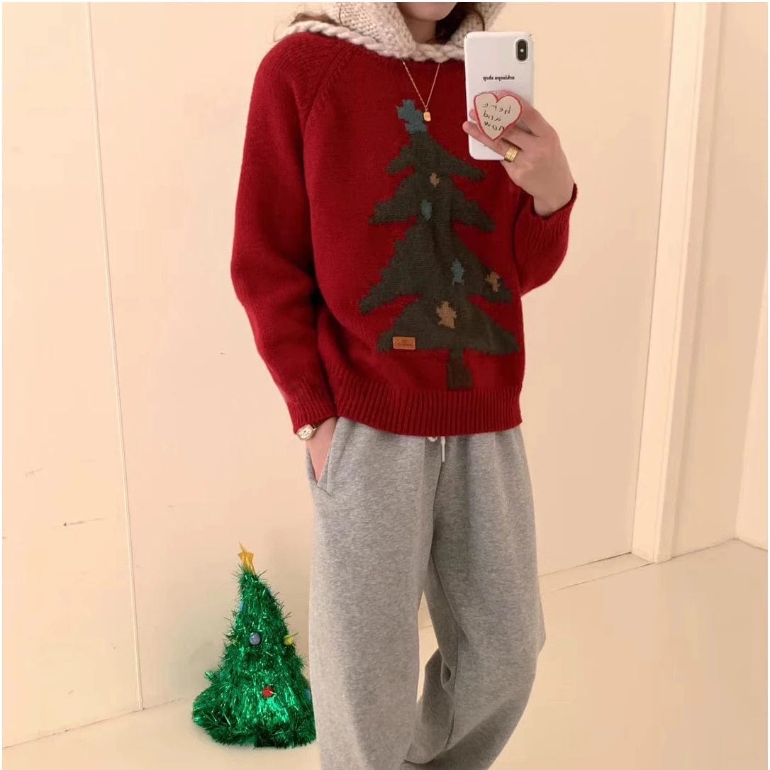 2024 Spring new arrival neck long sleeve loose santa tree high quality jacquard sweater pullover jumper