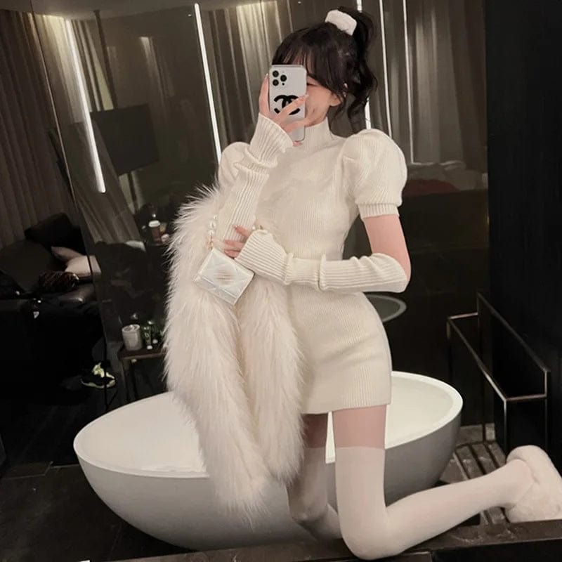 2024 spring new arrival office lady short sleeve slim fit dress with long sleeve 2 piece sweater set