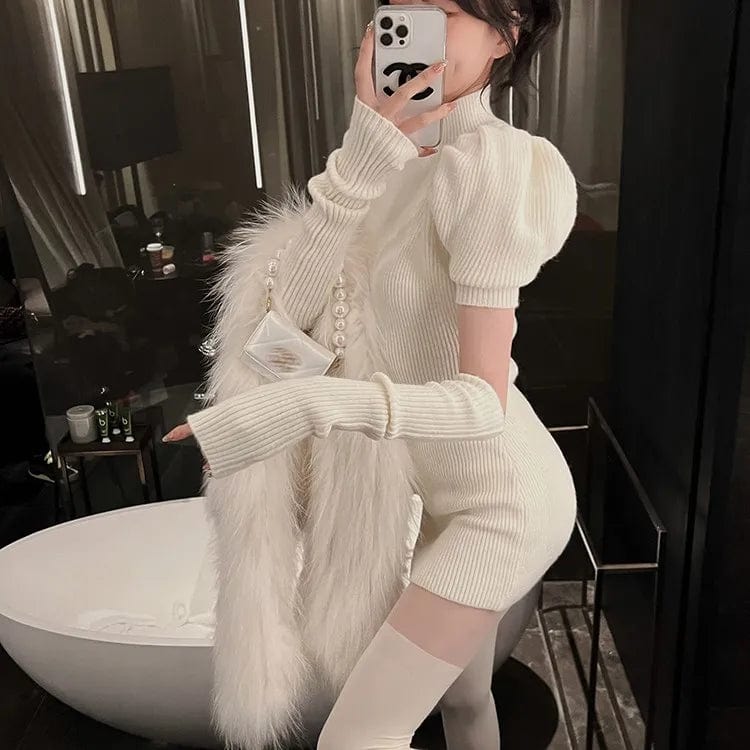 2024 spring new arrival office lady short sleeve slim fit dress with long sleeve 2 piece sweater set