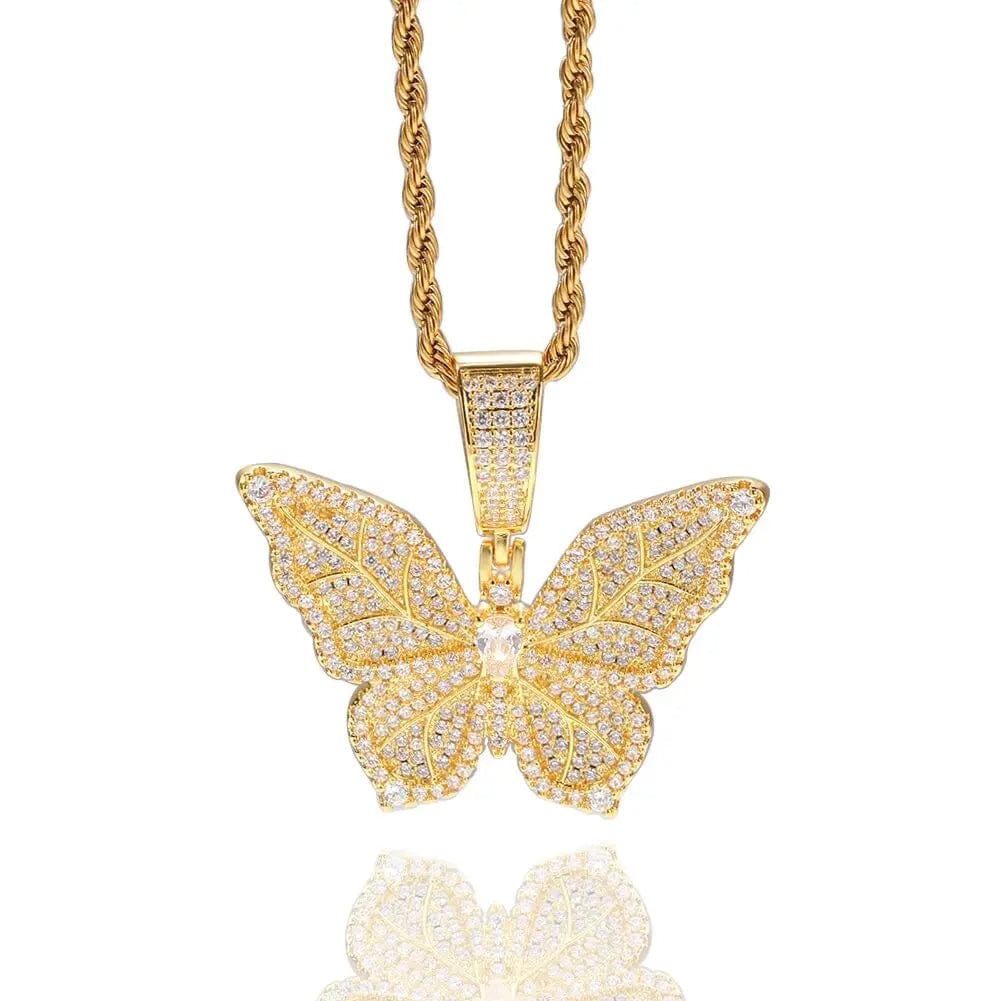 2024 spring new butterfly design micro pave cz leaf shape iced out bling vivid lively butterfly necklace