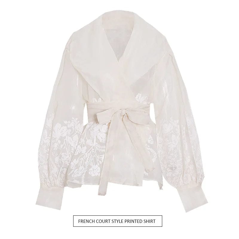 2024 spring new retro Royal style sexy suit collar bubble sleeve lace-up waist slimming shirt for women