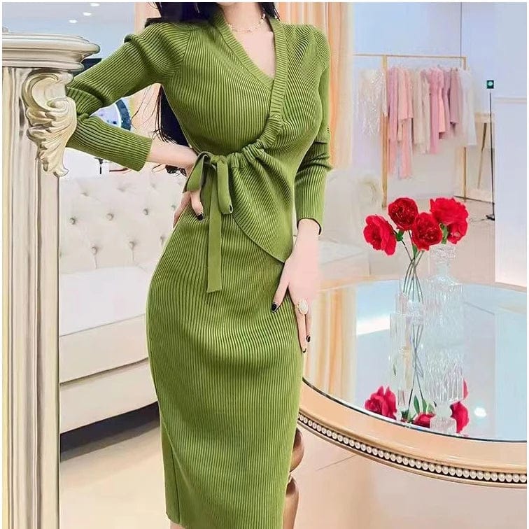 2024 Spring office ladies new arrival v-neck long sleeve high waist with belt elegant sweater dress