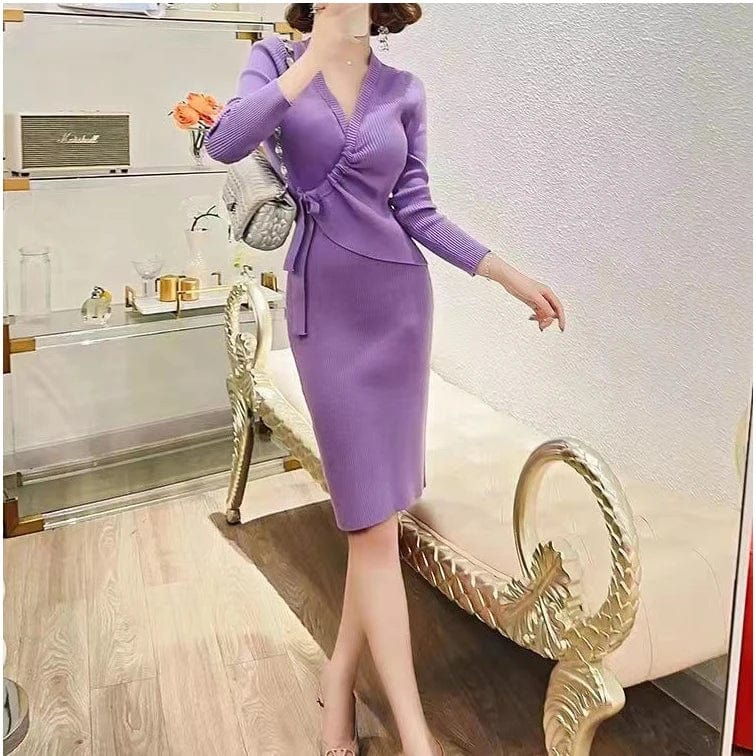 2024 Spring office ladies new arrival v-neck long sleeve high waist with belt elegant sweater dress