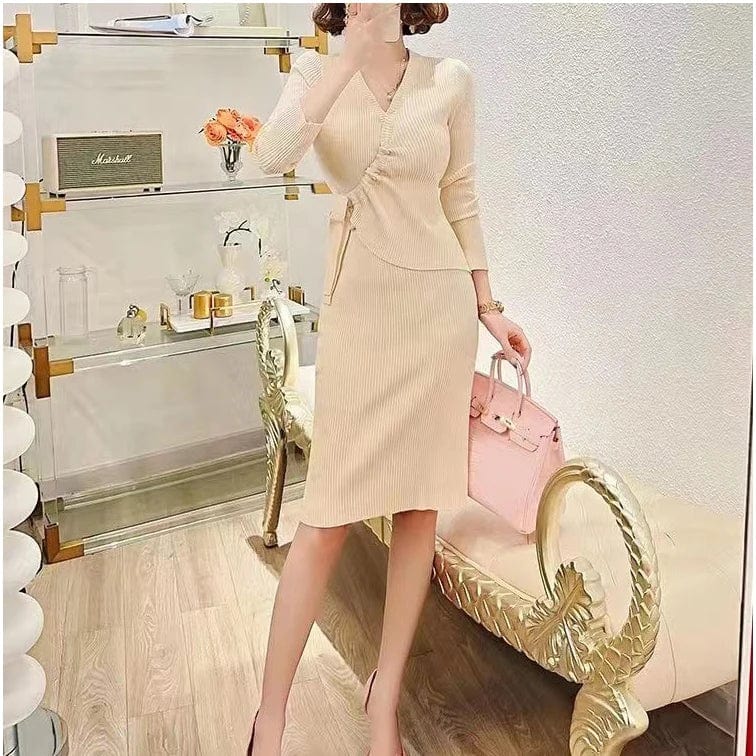 2024 Spring office ladies new arrival v-neck long sleeve high waist with belt elegant sweater dress