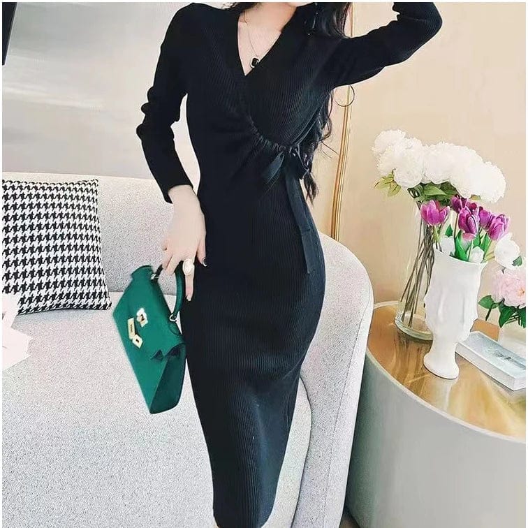 2024 Spring office ladies new arrival v-neck long sleeve high waist with belt elegant sweater dress