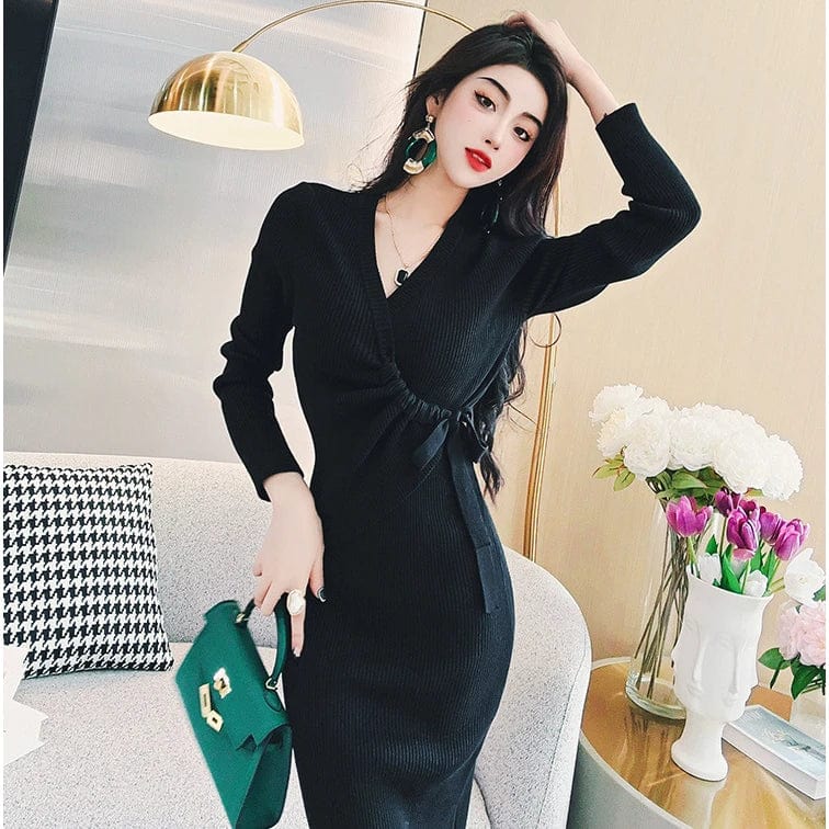 2024 Spring office ladies new arrival v-neck long sleeve high waist with belt elegant sweater dress