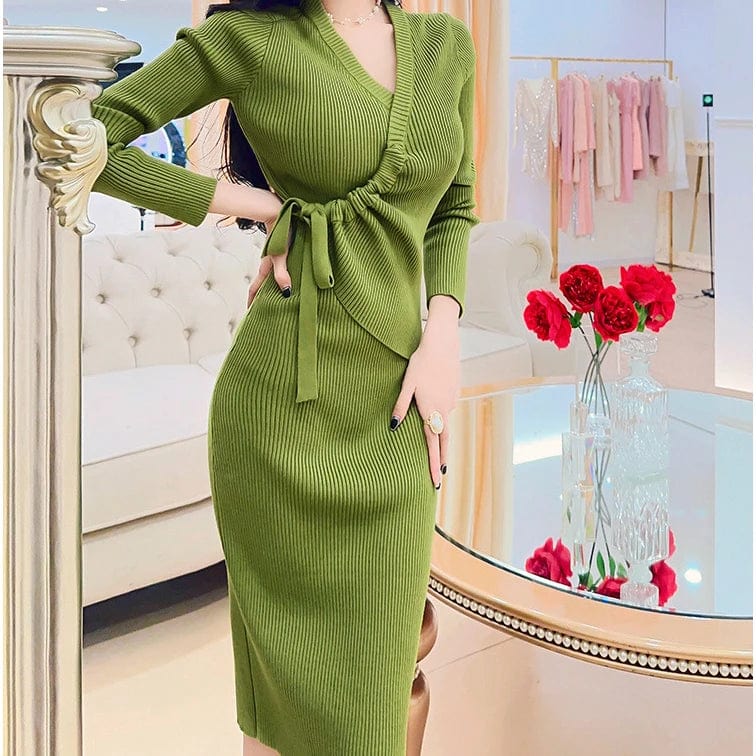 2024 Spring office ladies new arrival v-neck long sleeve high waist with belt elegant sweater dress