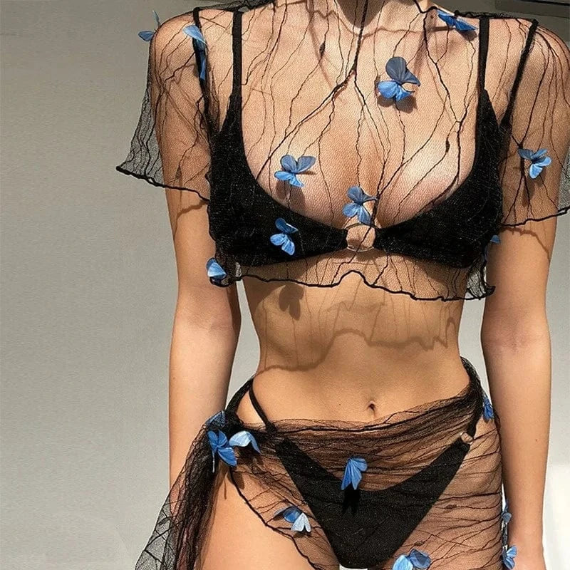 2024 Spring & Summer Beach Sexy Belt Women's Clothing Set Butterfly See Through Swimwear Two Pieces Set For Women