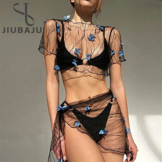 2024 Spring & Summer Beach Sexy Belt Women's Clothing Set Butterfly See Through Swimwear Two Pieces Set For Women