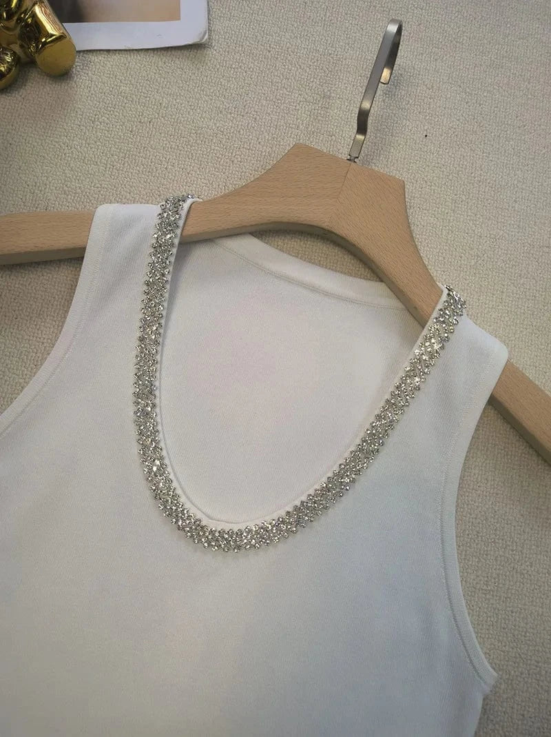 2024 Spring Summer Lady Fine Workmanship Rhinestone Beading V-neckline Sleeveless T-shirts Women Pullover Solid Knits  Tank Top