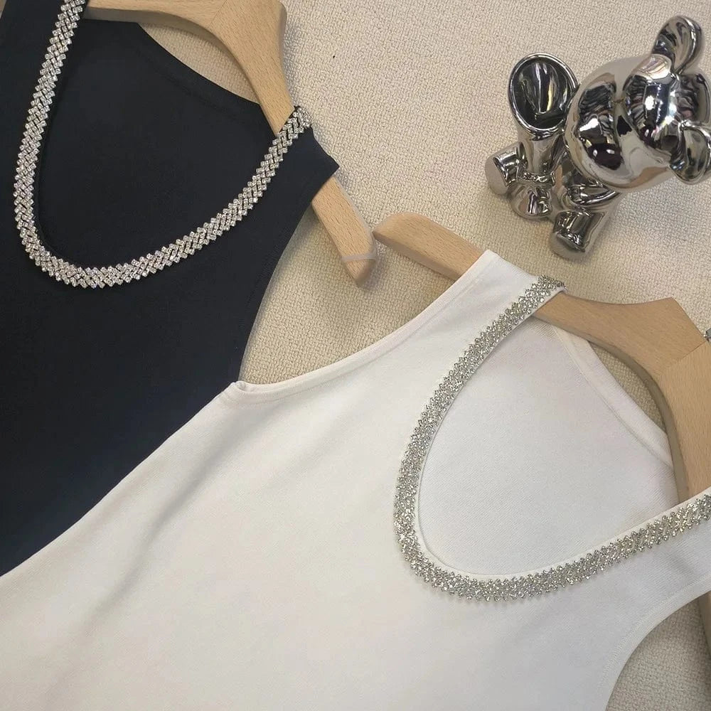 2024 Spring Summer Lady Fine Workmanship Rhinestone Beading V-neckline Sleeveless T-shirts Women Pullover Solid Knits  Tank Top