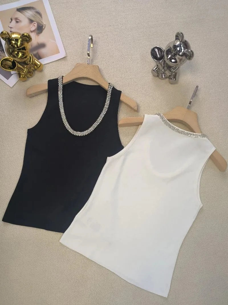 2024 Spring Summer Lady Fine Workmanship Rhinestone Beading V-neckline Sleeveless T-shirts Women Pullover Solid Knits  Tank Top