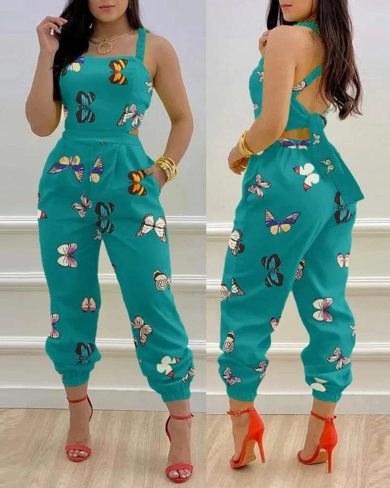 2024 Spring/Summer New Fashionable Casual Suspender Backless Pants Printed High Waist jumpsuit Women's Set