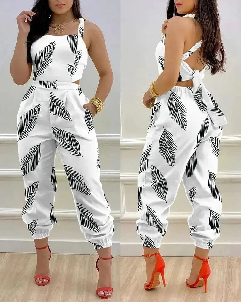 2024 Spring/Summer New Fashionable Casual Suspender Backless Pants Printed High Waist jumpsuit Women's Set