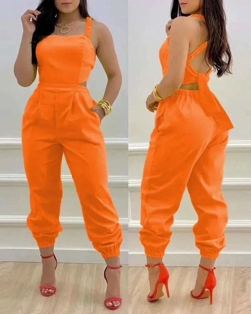 2024 Spring/Summer New Fashionable Casual Suspender Backless Pants Printed High Waist jumpsuit Women's Set