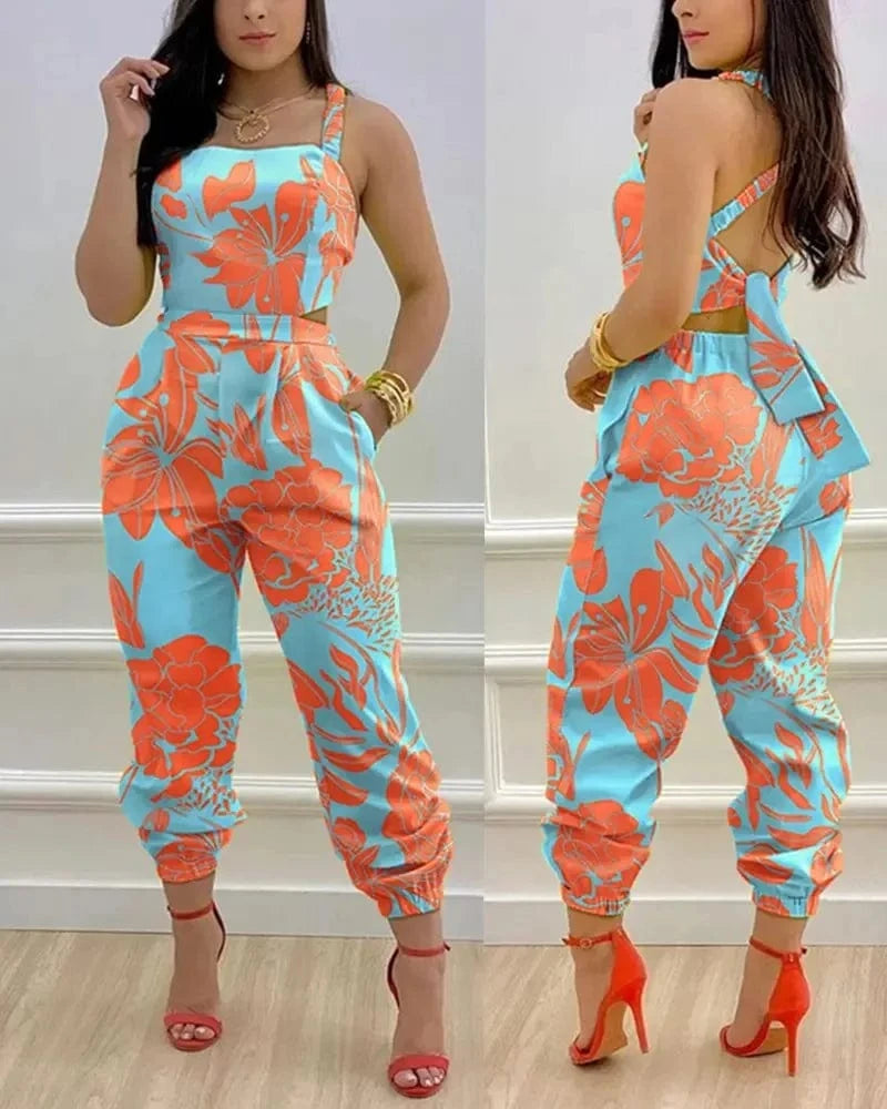 2024 Spring/Summer New Fashionable Casual Suspender Backless Pants Printed High Waist jumpsuit Women's Set