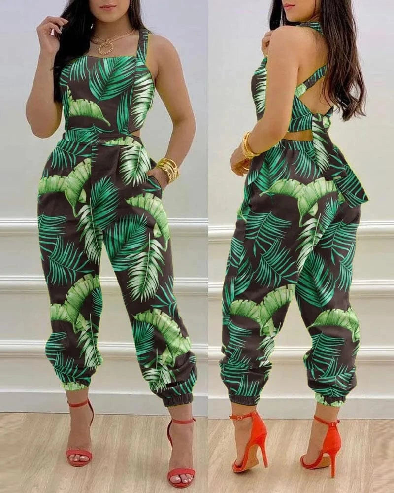 2024 Spring/Summer New Fashionable Casual Suspender Backless Pants Printed High Waist jumpsuit Women's Set