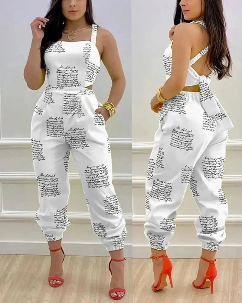 2024 Spring/Summer New Fashionable Casual Suspender Backless Pants Printed High Waist jumpsuit Women's Set