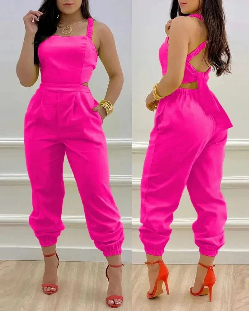 2024 Spring/Summer New Fashionable Casual Suspender Backless Pants Printed High Waist jumpsuit Women's Set