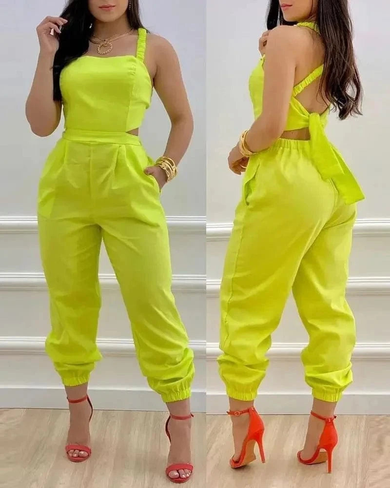 2024 Spring/Summer New Fashionable Casual Suspender Backless Pants Printed High Waist jumpsuit Women's Set
