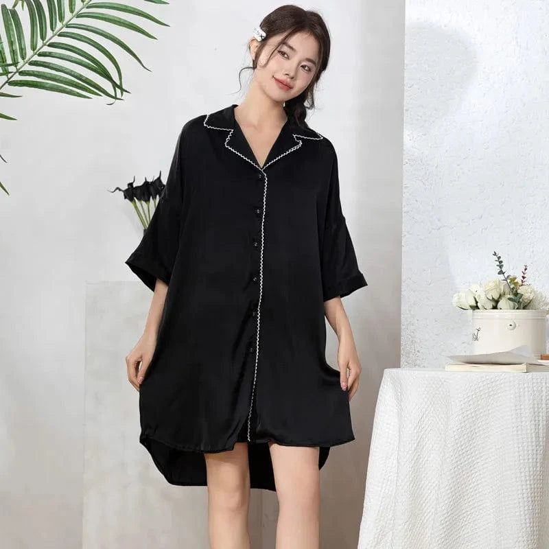 2024 spring/summer new lapel ladies pajamas shirt open button nightdress silk solid color nightgown elegant plus size sleepwear
