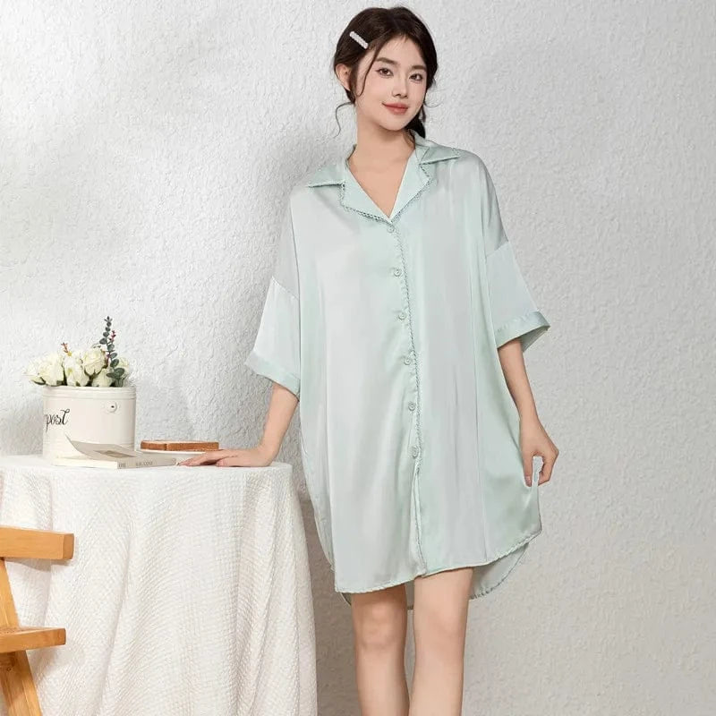2024 spring/summer new lapel ladies pajamas shirt open button nightdress silk solid color nightgown elegant plus size sleepwear