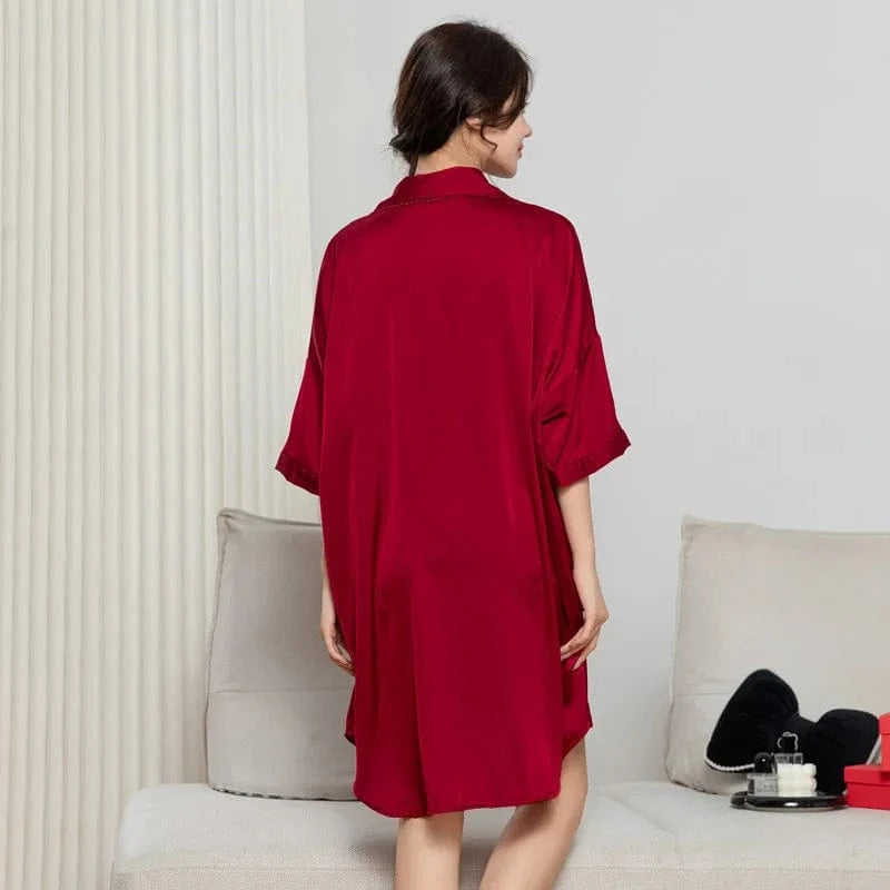 2024 spring/summer new lapel ladies pajamas shirt open button nightdress silk solid color nightgown elegant plus size sleepwear