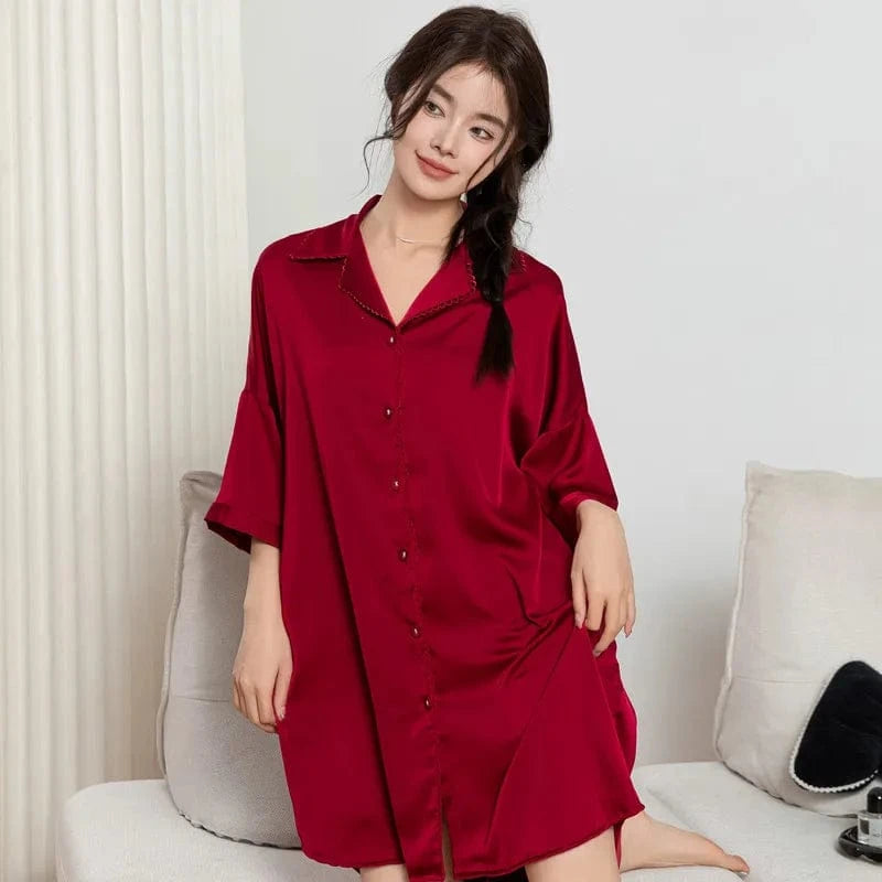 2024 spring/summer new lapel ladies pajamas shirt open button nightdress silk solid color nightgown elegant plus size sleepwear