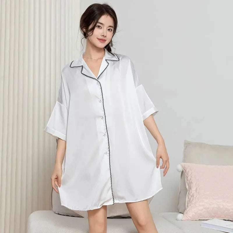 2024 spring/summer new lapel ladies pajamas shirt open button nightdress silk solid color nightgown elegant plus size sleepwear