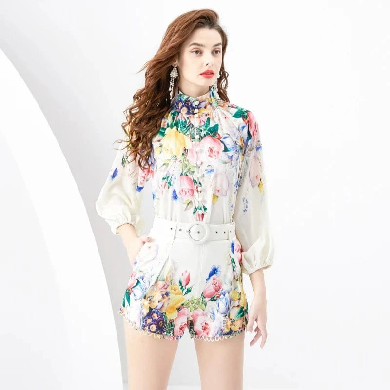 2024 Spring/Summer Retro V-neck Lantern Sleeve Shirt+Retro Shorts 2-piece Set KL6227080