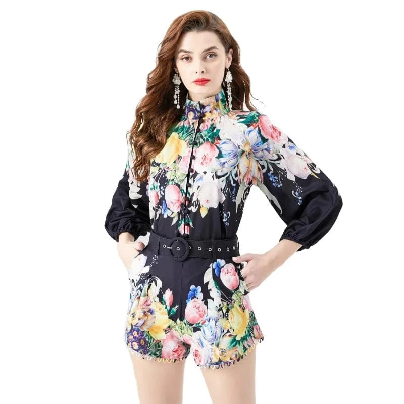 2024 Spring/Summer Retro V-neck Lantern Sleeve Shirt+Retro Shorts 2-piece Set KL6227080