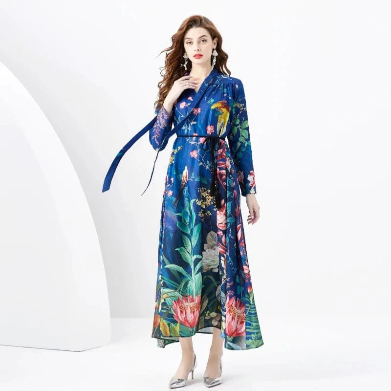 2024 Spring/Summer Vacation Retro V-neck Loose Long sleeved Tropical Plant Print Dress KL6263073