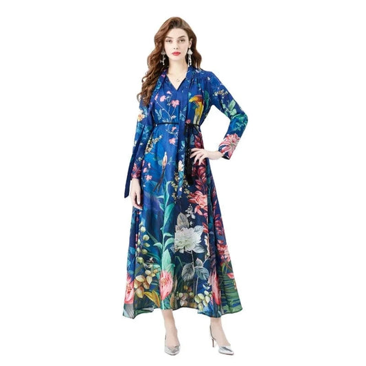 2024 Spring/Summer Vacation Retro V-neck Loose Long sleeved Tropical Plant Print Dress KL6263073