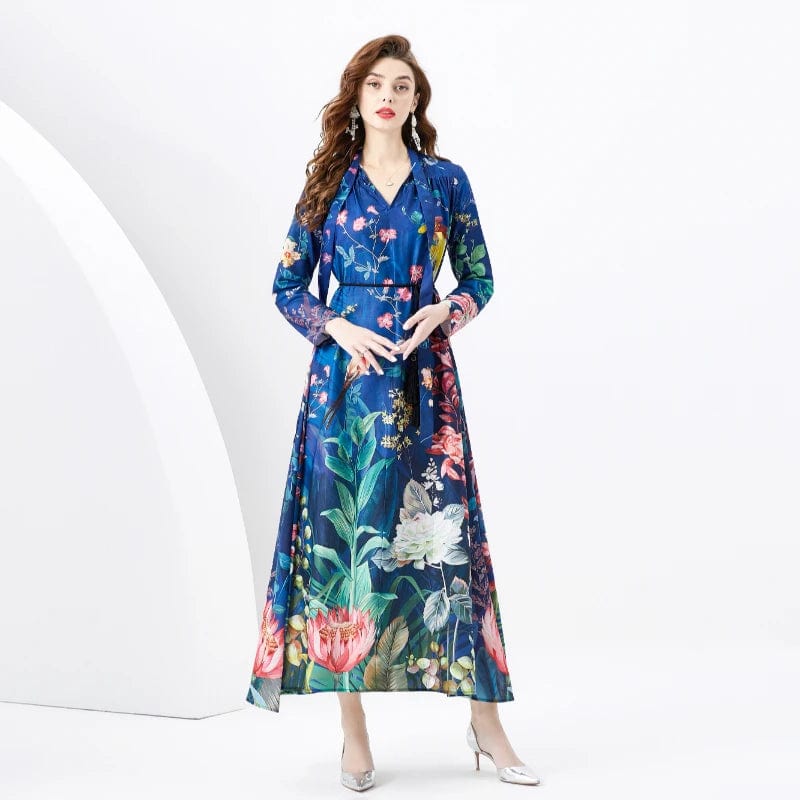 2024 Spring/Summer Vacation Retro V-neck Loose Long sleeved Tropical Plant Print Dress KL6263073
