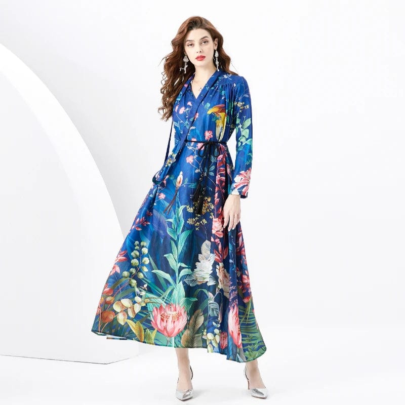 2024 Spring/Summer Vacation Retro V-neck Loose Long sleeved Tropical Plant Print Dress KL6263073