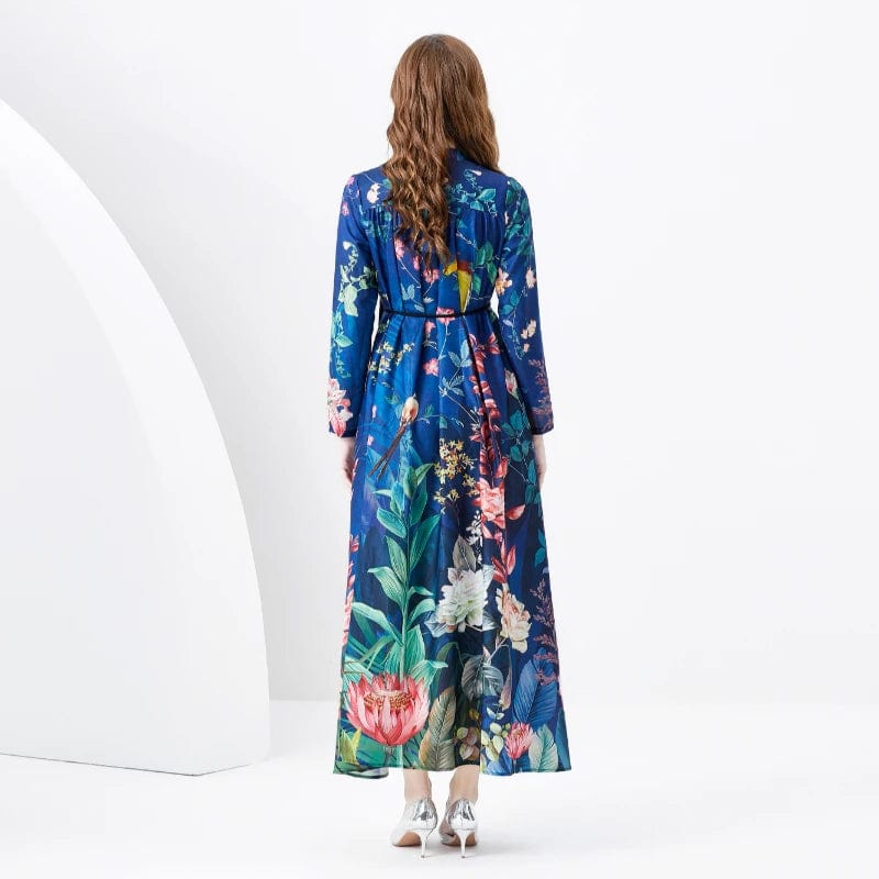 2024 Spring/Summer Vacation Retro V-neck Loose Long sleeved Tropical Plant Print Dress KL6263073